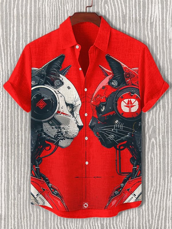 Men's Intelligent Robot Cats Art Graphic Print Short Sleeve Shirt