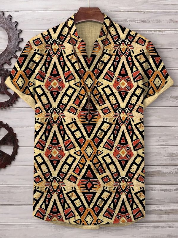 Men's Black Ethnic Traditional Patterns Print Casual V Neck T-Shirt
