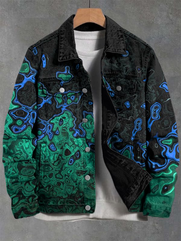 Men's Flame Splash Art Print Denim-Like Long Sleeve Shirt