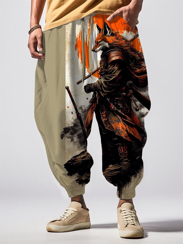 Men's Fox Warrior Ink Painting Illustration Print Loose Drawstring Waist Sweatpants