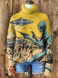 Women's Vintage UFO Alien Comics Style Sci-Fi Art Print High Neck Knit Sweatshirt
