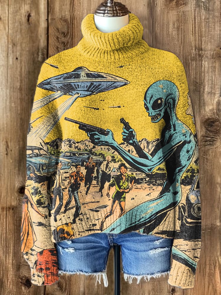 Women's Vintage UFO Alien Comics Style Sci-Fi Art Print High Neck Knit Sweatshirt