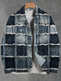 Men's Retro Frayed Distressed Color Block Print Denim-Like Long Sleeve Shirt