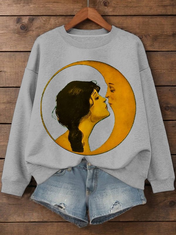 Women's Woman Kissing Moon Art Print Cotton Long Sleeve T-Shirt Thin Sweatshirt