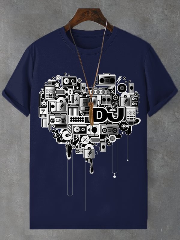 Men's Vintage Heart Pattern Music Art Print Cotton Casual T-Shirt