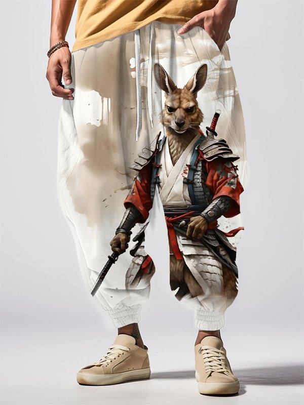 Men's Kangaroo Samurai Watercolor Art Print Loose Drawstring Waist Sweatpants