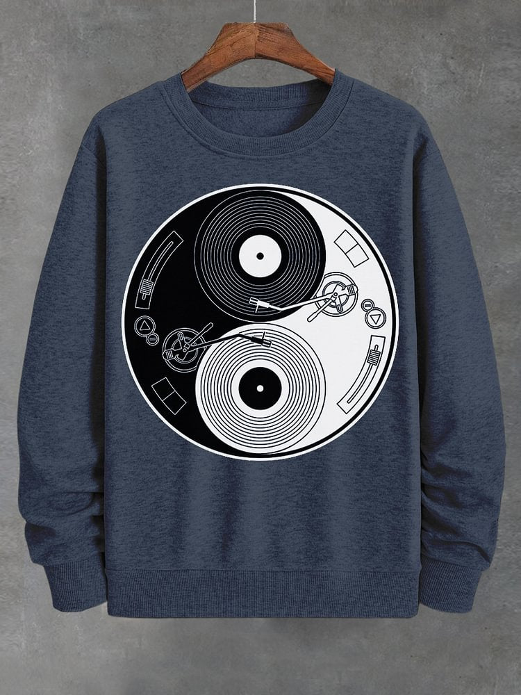 Men's Yin Yang Vinyl Record Graphic Print Cotton Casual Sweatshirt