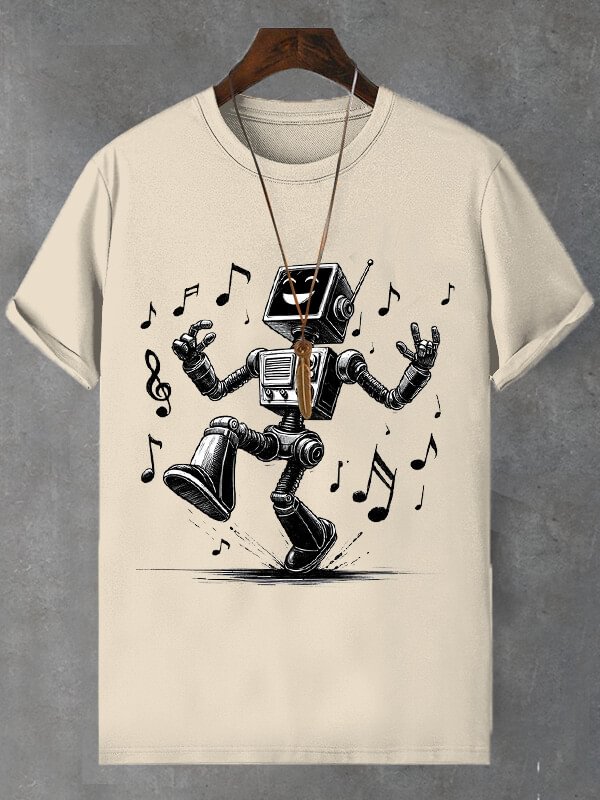 Men's Happy Singing Robot Print Cotton Casual T-Shirt