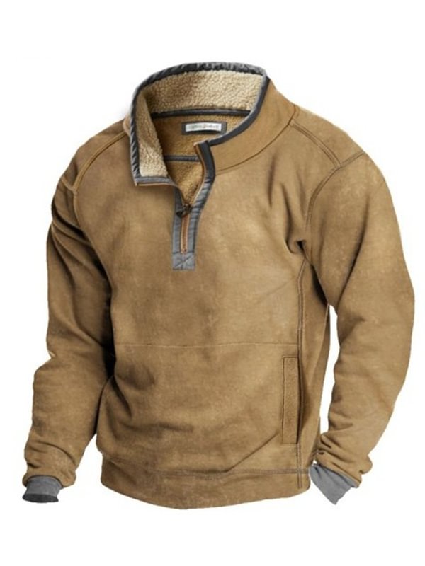 Men's Vintage Plain Pocket Half Zip Collar Pullover Sweatshirt