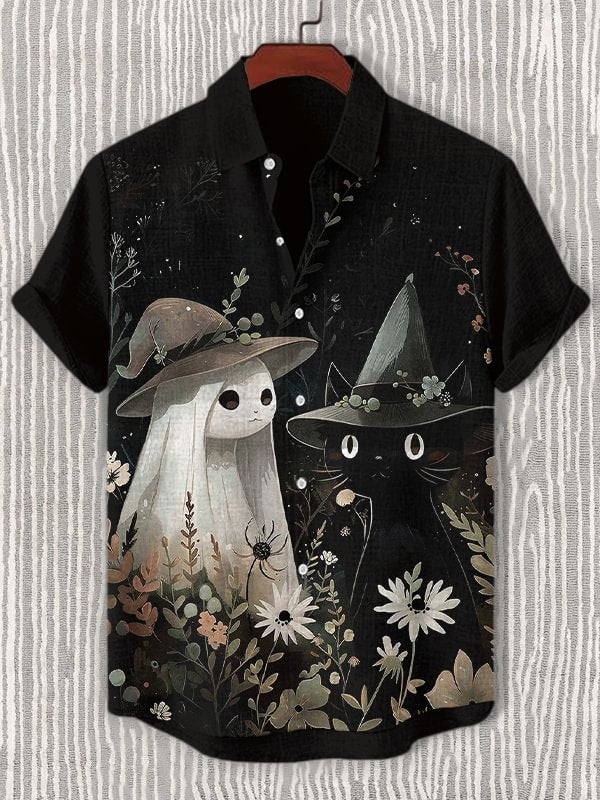 Men's Cute Ghost And Black Cat Wearing Witch Hats Art Print Shirt
