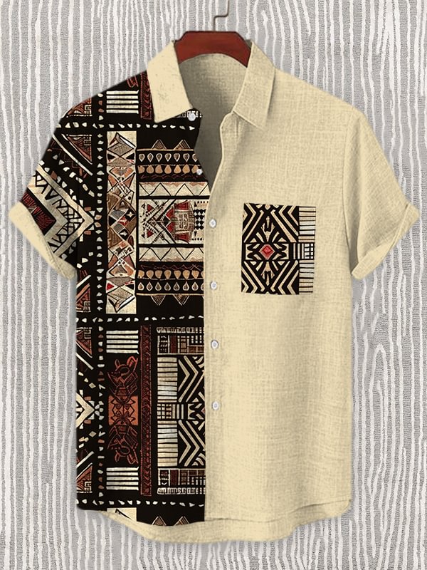 Men's African Traditional Pattern Art Print Linen Blend Shirt