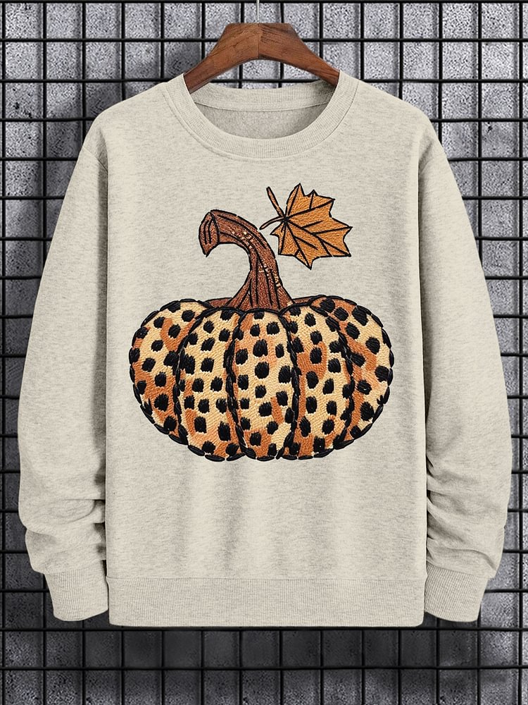 Men's Pumpkin Leopard Embroidery Print Cotton Casual Sweatshirt