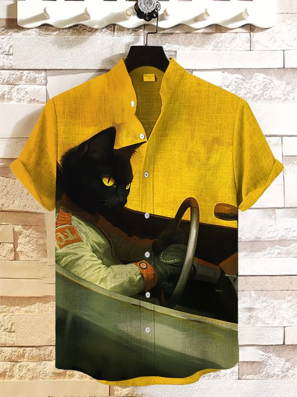 Men's Cool Black Cat Racer Art Print Casual Shirt