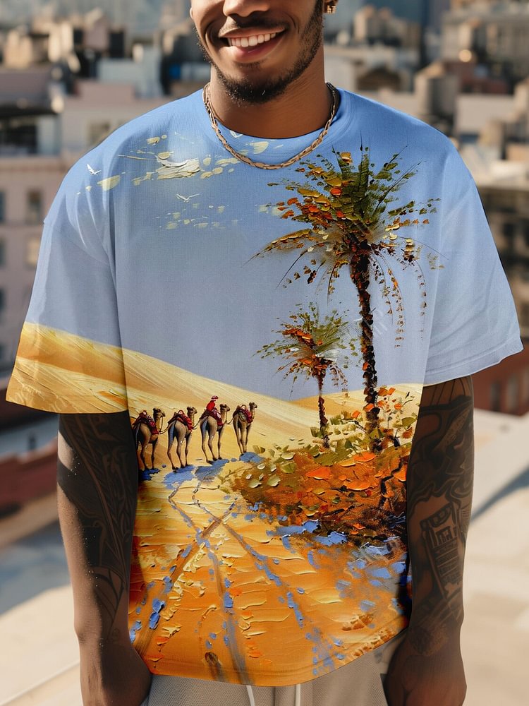 Men's Desert Camel Travel Oil Painting Print T-Shirt