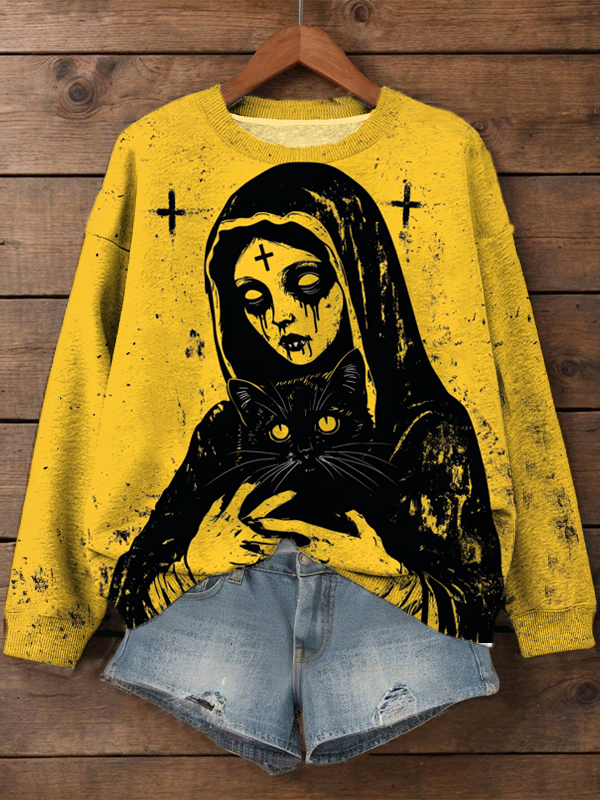 Women's Dark Demoness And Black Cat Art Print Casual Sweatshirt