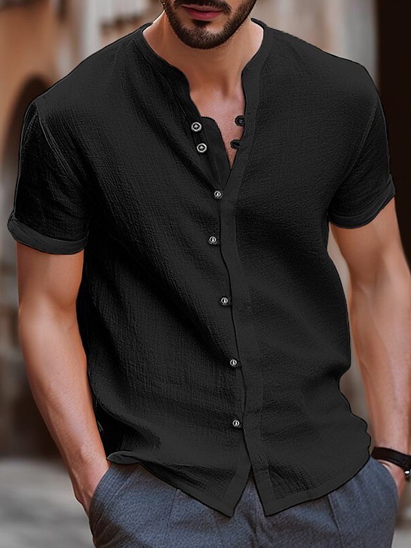 Men's Casual Button V Neck Short Sleeve Plain Linen Shirt