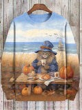 Men's Beach Lazy Cat Witch Cafe Watercolor Art Casual Sweatshirt