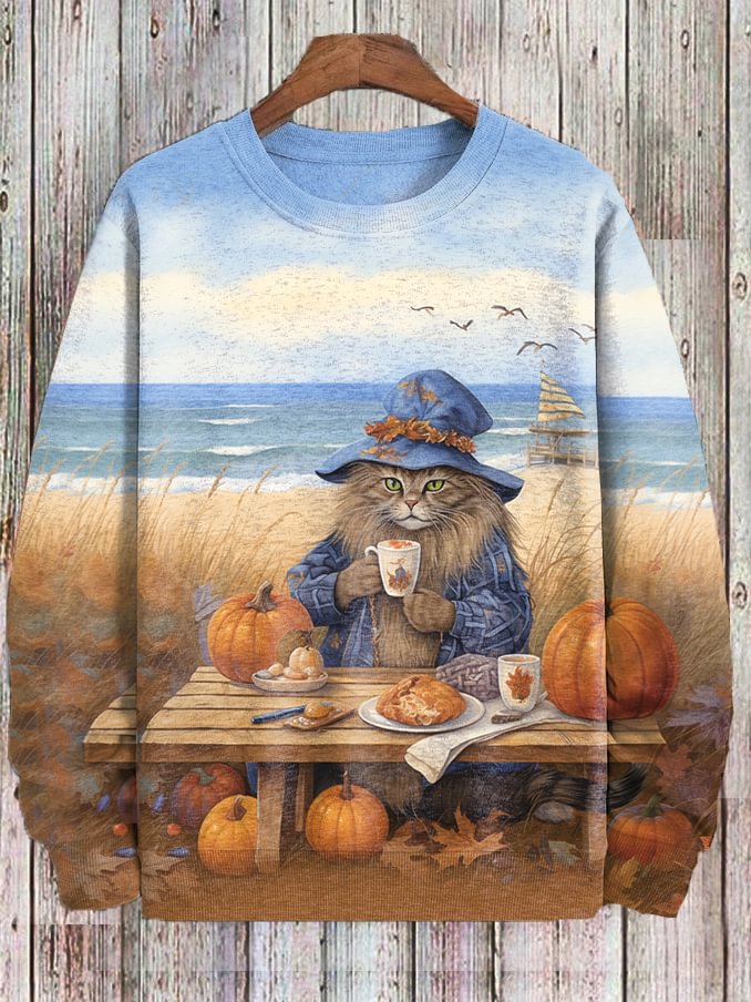 Men's Beach Lazy Cat Witch Cafe Watercolor Art Casual Sweatshirt