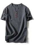 Men's Solid Color Side Slit Loose Short Sleeve Button Shirt