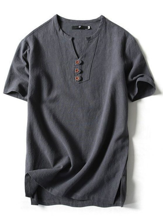 Men's Solid Color Side Slit Loose Short Sleeve Button Shirt