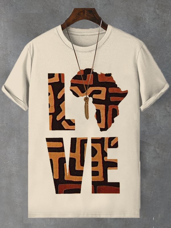 Men's African Tribal Ethnic Map Love Art Print Cotton T-Shirt