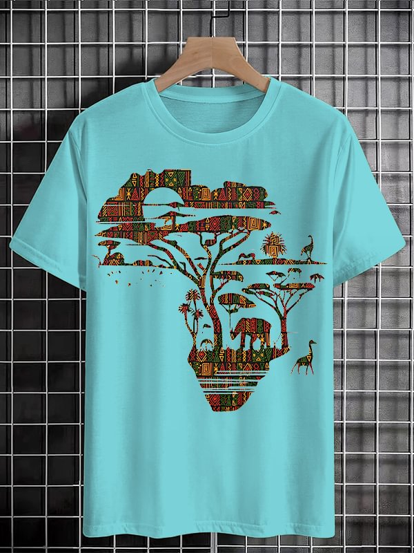 Men's Africa Map Silhouette Traditional Pattern Plains Animal Silhouettes Print Cotton Casual T-Shirt