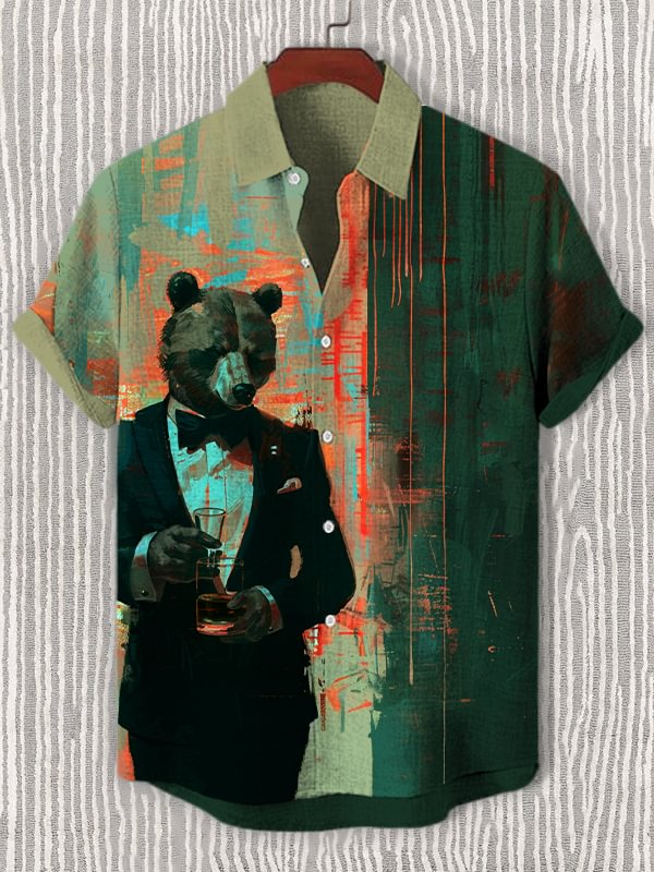 Men's Mr. Spooky Bear In The Bar Art Print Casual Shirt