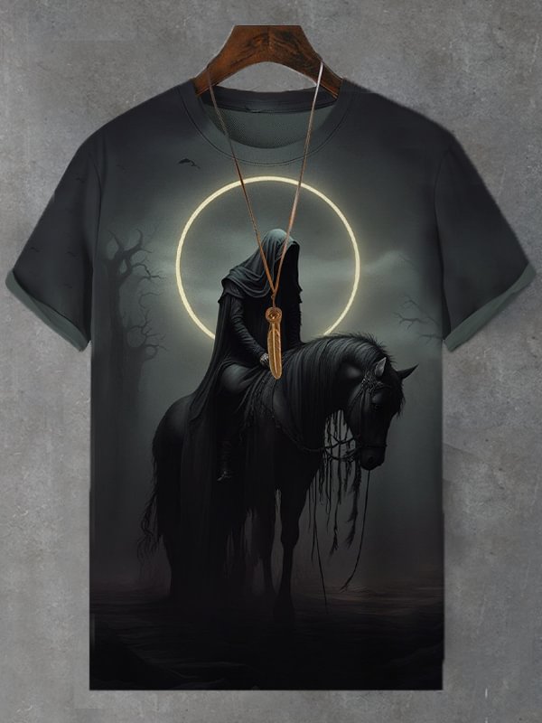 Men's Mysterious Horror Skull Horse Print Casual T-Shirt