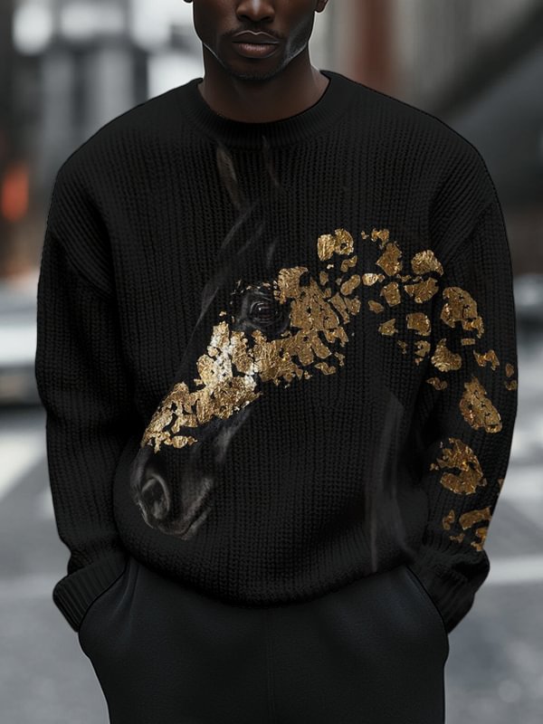 Men's Horse Golden Art Print Knit Sweatshirt