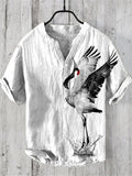 Men's Japanese Art Crane Print Half Button Shirt