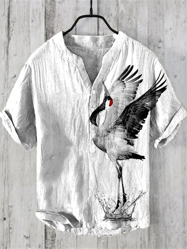 Men's Japanese Art Crane Print Half Button Shirt