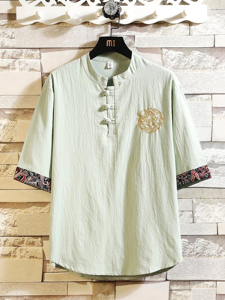 Men's Retro Paisley Pattern Cotton And Linen Short Sleeve Shirt