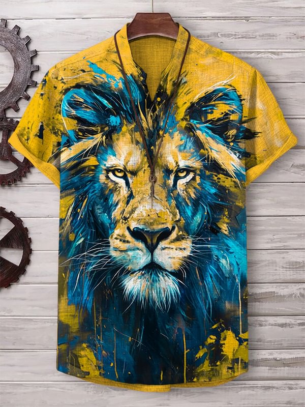 Men's Lion Oil Painting Art Print Casual V Neck T-Shirt