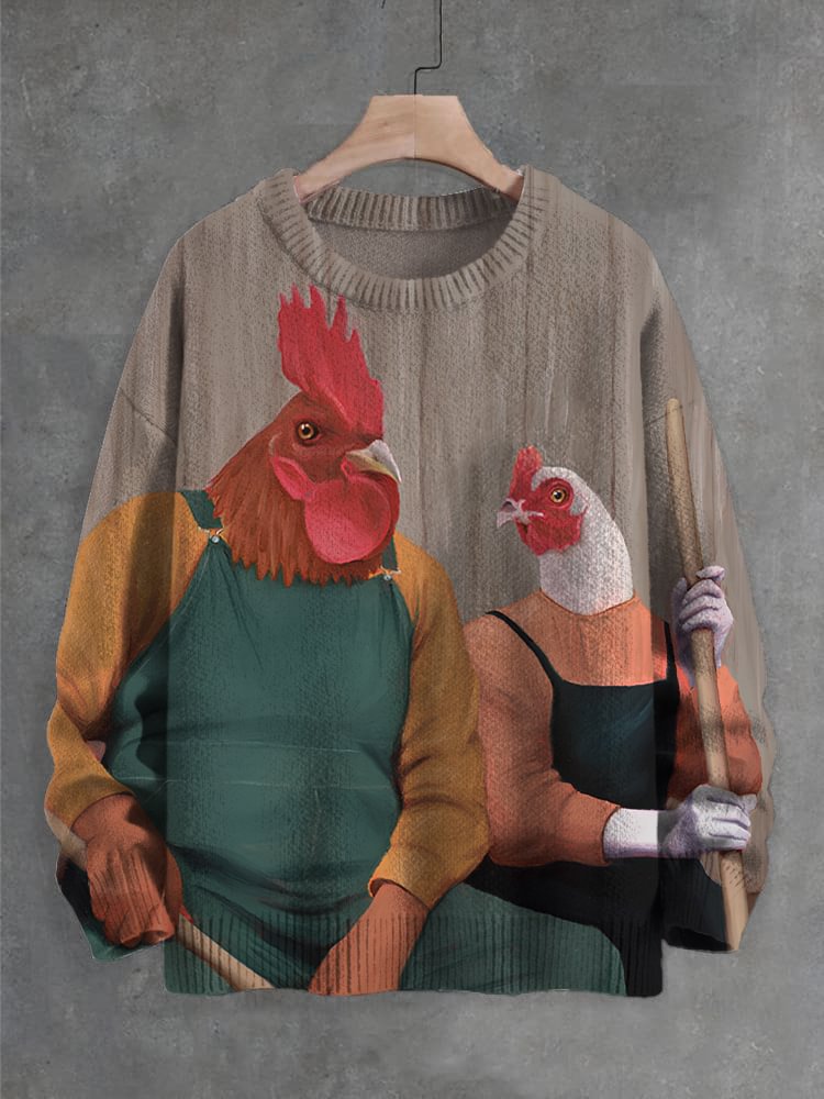 Men's Rooster Farmer Couple Art Print Knit Sweatshirt