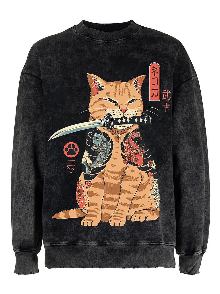 Men's Japanese Samurai Cat Koi Vintage Distressed Sweatshirt
