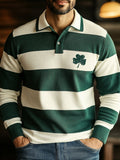 Men's St. Patrick's Day Clover Color Block Art Print Casual Polo Sweatshirt