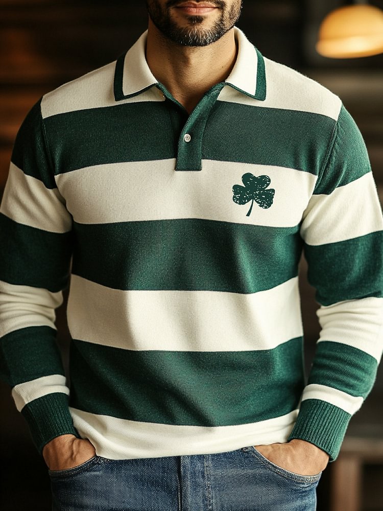 Men's St. Patrick's Day Clover Color Block Art Print Casual Polo Sweatshirt