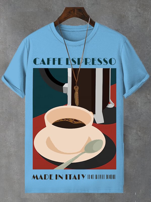 Men's Coffee Espresso Made In Italy Illustration Print Cotton Casual T-Shirt