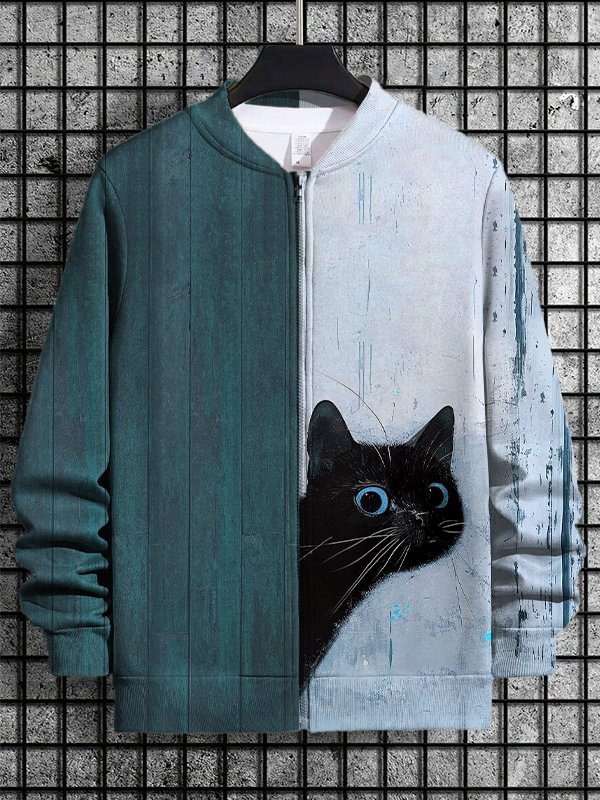 Men's Peeking Cat Art Print Casual Zip Up Jacket
