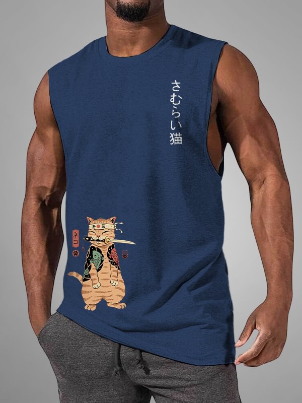 Men's Japanese Sushi Samurai Cat Print Casual Tank Top