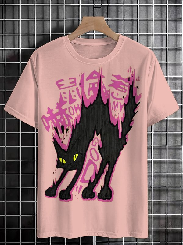 Men's Scared Black Cat Graphic Print Cotton Casual T-Shirt