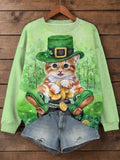 Women's St. Patrick's Day Cat Art Print Casual Sweatshirt