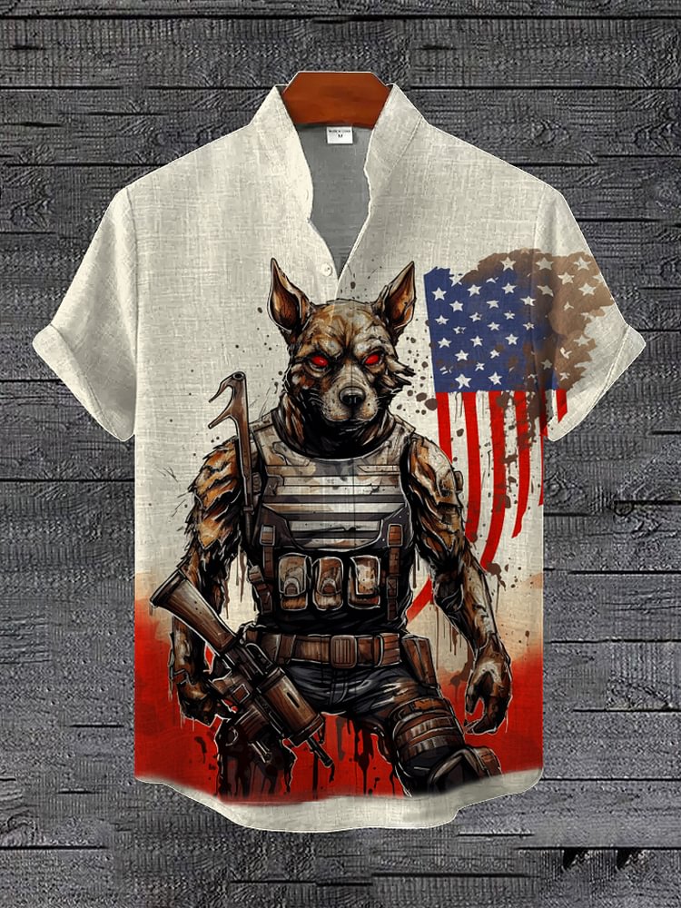 Men's American Patriotic Mechanical Dog Print Linen Blend Shirt