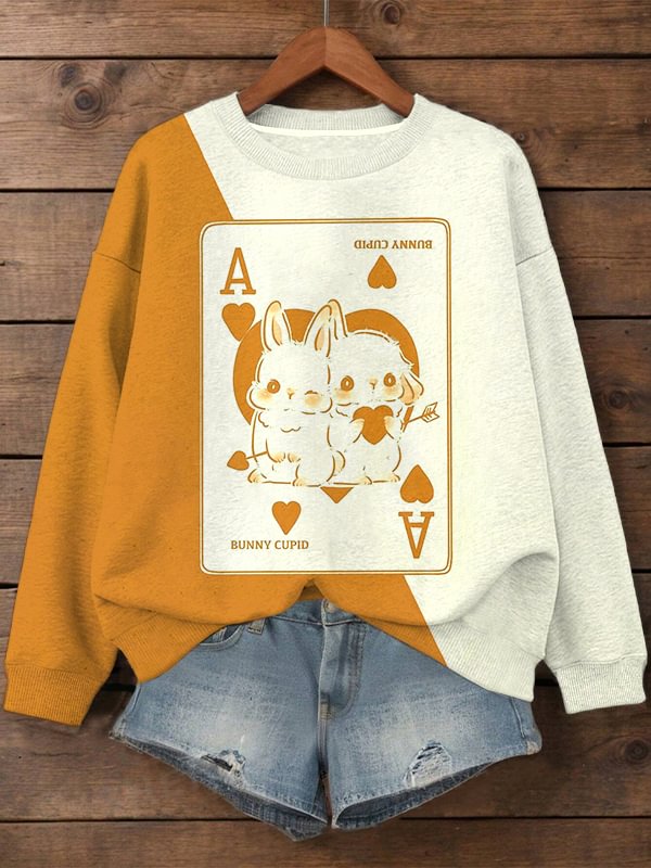 Women's Bunny Cupid Poker Print Casual Sweatshirt