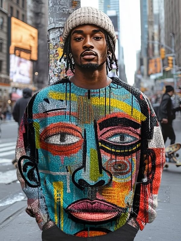 Men's Human Face Abstract Graffiti Street Art Print Knit Sweatshirt