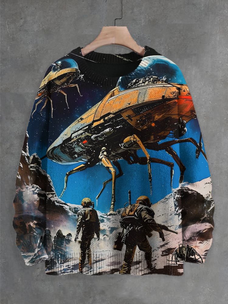 Men's Futuristic Sci-Fi Art Expedition Print Knit Sweatshirt