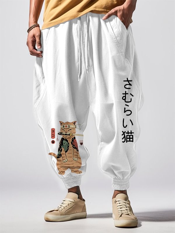 Men's Japanese Sushi Samurai Cat Print Casual Loose Sweatpants