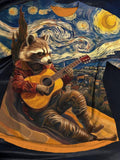 Men's Starry Sky Raccoon Plays Guitar Print Casual T-Shirt