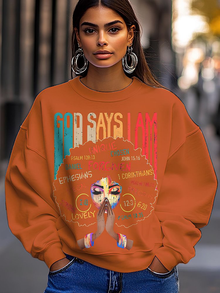 Women's Black Girl God Says I Am Black Melanin History Month Pride Print Cotton Long Sleeve T-Shirt Thin Sweatshirt