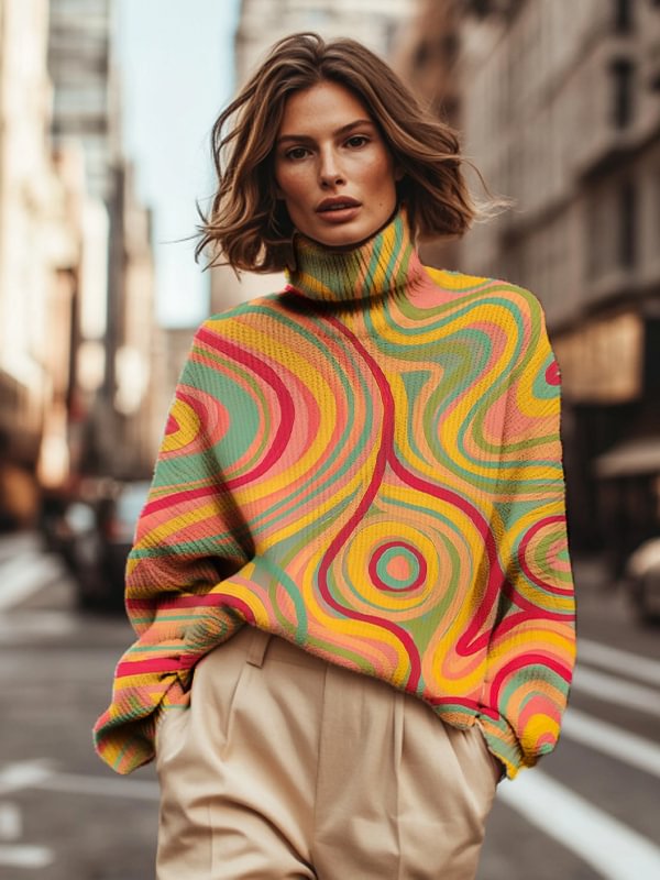 Women's Abstract Art Wavy Pattern Print High Neck Knit Sweatshirt